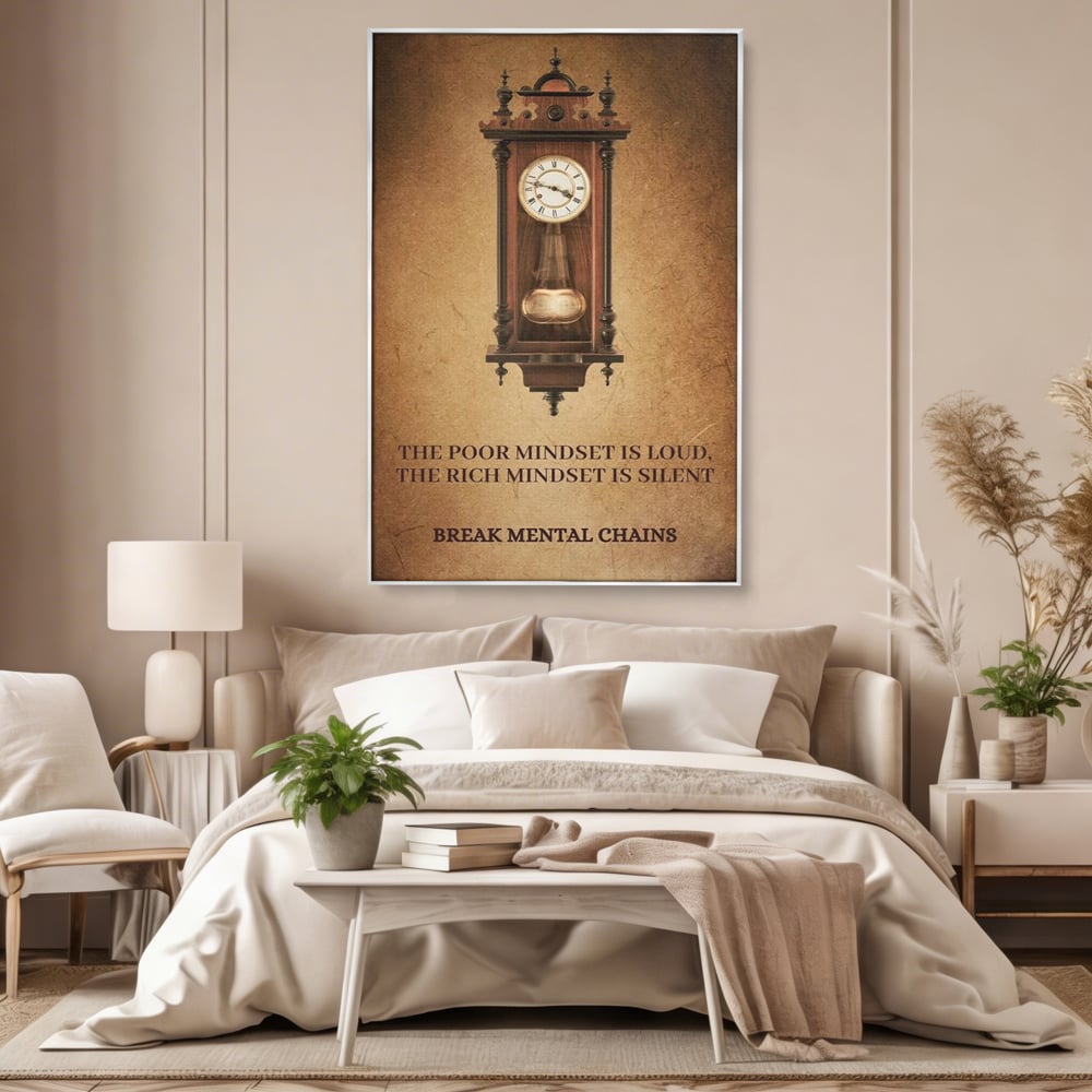 Tablou canvas cu tablou vertical cu ceas pendul vintage si mesaj motivational, in rama de aluminiu argintiu, pe perete intr-un dormitor